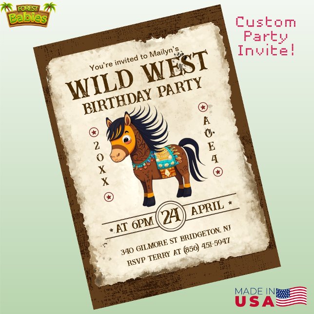 Niedliches Pferd Wild Westpony Einladung zur Gebur (Cute Personalizable Wild West Pony Birthday Party Invitation, Customizable Western Horse Invite 🐎)
