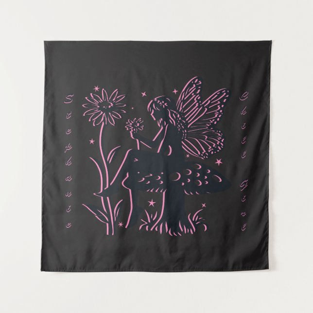 Niedliches Pilz- und Blume Schwarz/Rosa Wandteppich (Vorderseite)