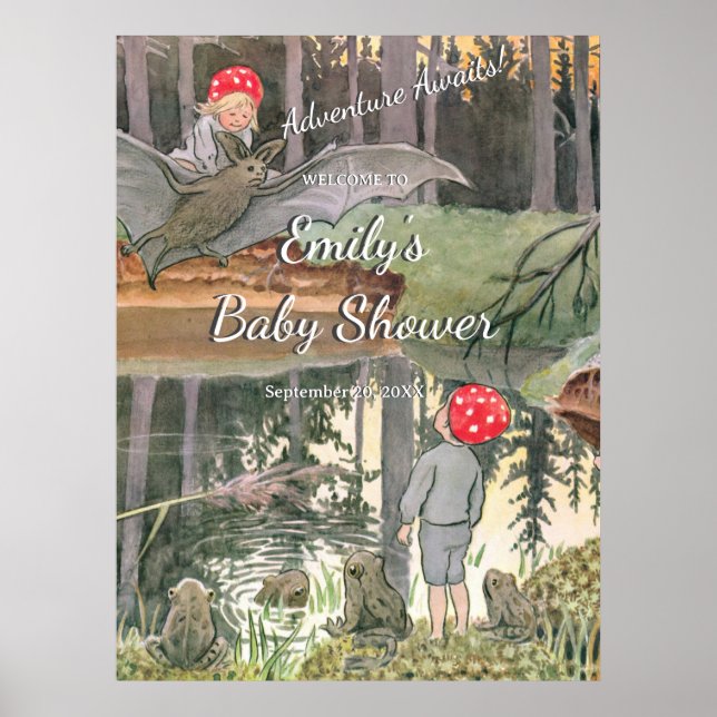 Niedliches Pilzholz Froschwader Kinderdusche Begrü Poster (Vorne)