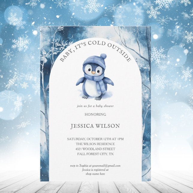 Niedliches Pinguin Baby Es ist kalte Außendusche Einladung (Von Creator hochgeladen)