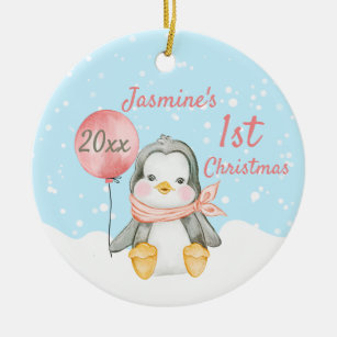 Niedliches Pinguin Baby's First Christmas Pink Keramik Ornament