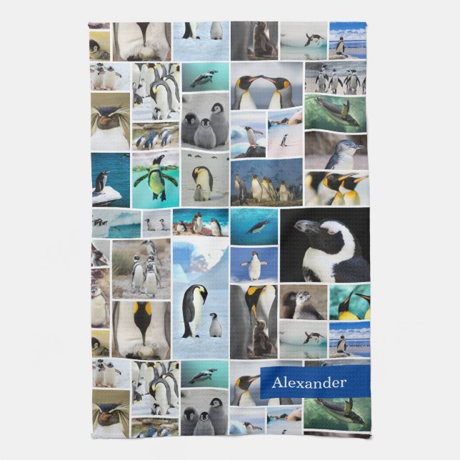 Niedliches Pinguin-Foto-Collage-Muster mit Vorname Geschirrtuch (Vertikal)