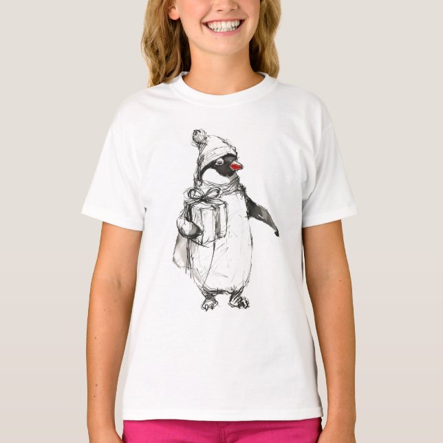 Niedliches Pinguin-Holding-Geschenk T-Shirt (Vorderseite)
