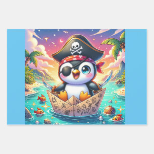 Niedliches Pinguin Pirate Adventure Geschenkpapier Set