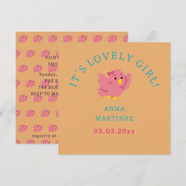 Niedliches Pink Bird Thema Girl Baby Dusche Einladung (Vorne/Hinten)