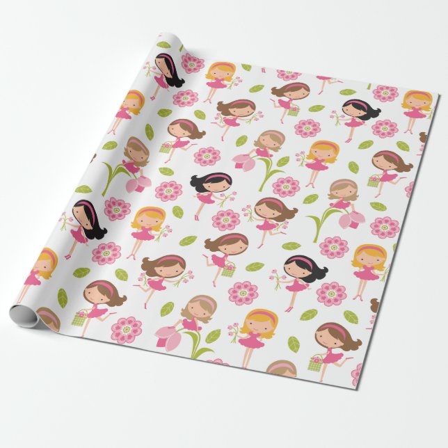 Niedliches Pink Blume Girls Wrapping Paper Geschenkpapier (Ungerollt)