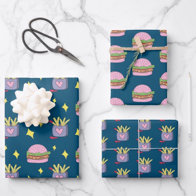 Niedliches Pink Burger and Fries Pattern Wrapping  Geschenkpapier Set (Vorderseite)