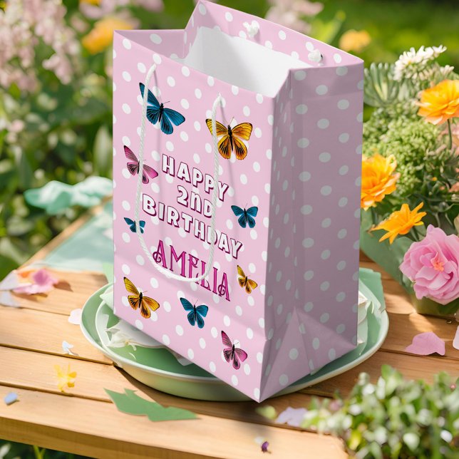 Niedliches Pink Butterfly Pattern Girl Happy Birth Mittlere Geschenktüte (Von Creator hochgeladen)