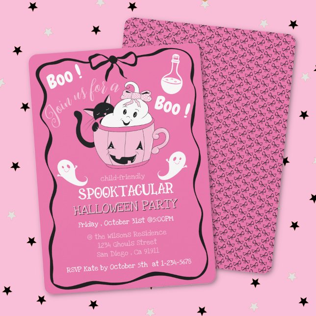 Niedliches Pink Kid Halloween Einladung mit Black  (Cute pink kid-friendly Halloween party invitation with a doodle black bow .)