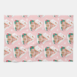 Niedliches Pink Snowy Gingerbrot House Geschirrtuch