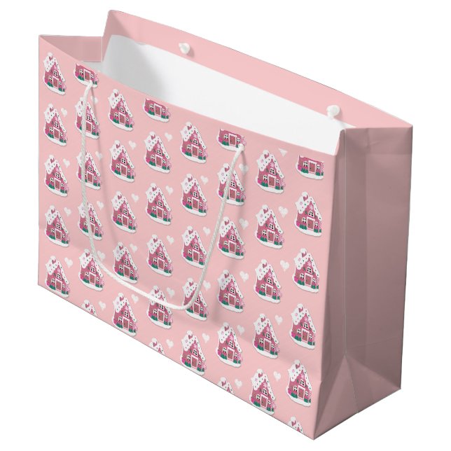 Niedliches Pink Snowy Gingerbrot House Große Geschenktüte (Vorderseite Schrägansicht)