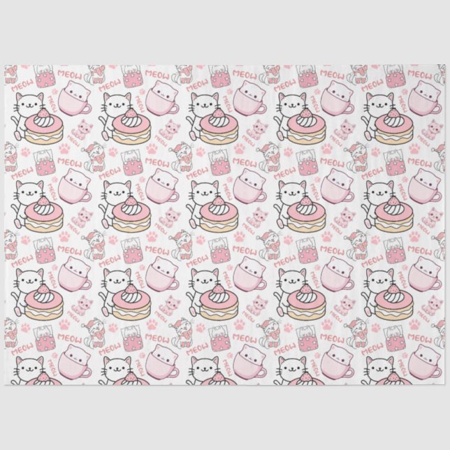 Niedliches Pink und Weißkatzenpapier Seidenpapier (Vorderseite)