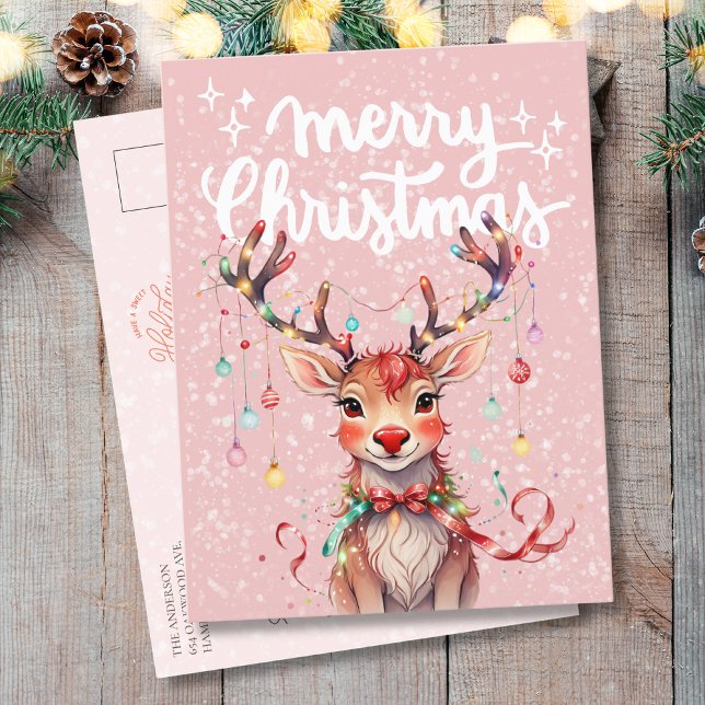 Niedliches Pink Whimsical Rentier und Weihnachtsle Postkarte (Von Creator hochgeladen)