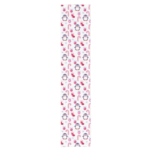 Niedliches Pink & White Weihnachtsmuster mit Pingu Kurzer Tischläufer (Vorderseite)