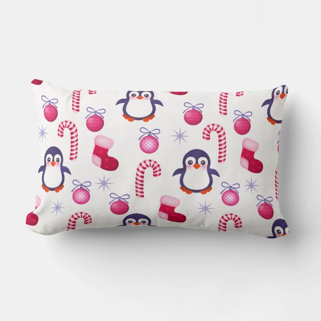 Niedliches Pink & White Weihnachtsmuster mit Pingu Lendenkissen (Vorderseite)