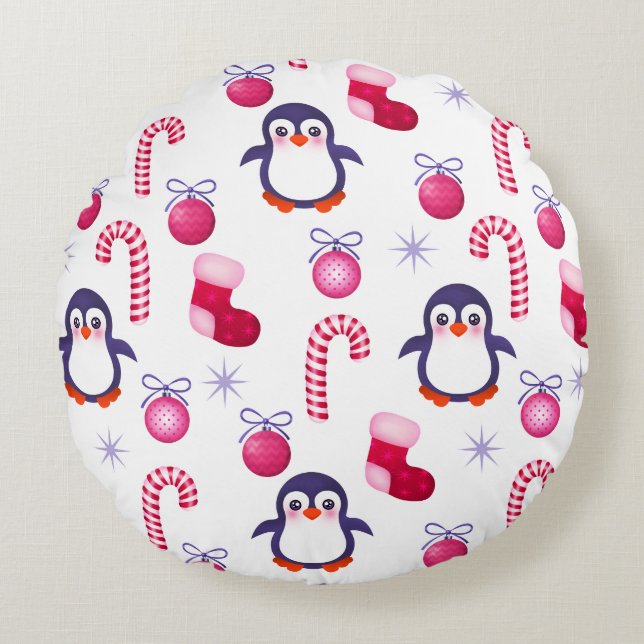 Niedliches Pink & White Weihnachtsmuster mit Pingu Rundes Kissen (Vorderseite)