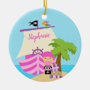 Niedliches Pirate Blonde Girl & A Big Ship Individ Keramik Ornament