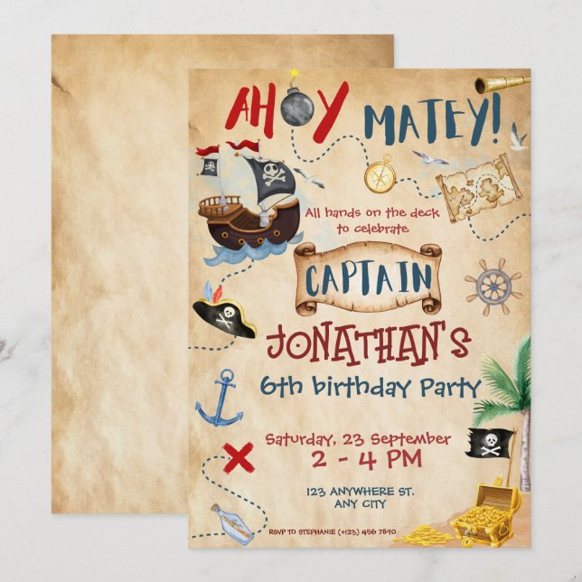 Niedliches Pirate Geburtstag Parchment Aquarell Einladung (Vorne/Hinten)