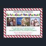 Niedliches politisch korrektes lustiges 3-Foto Feiertagspostkarte<br><div class="desc">Diese lustige Urlaubspostkarte weist eine humorvolle Neigung zur politischen Korrektheit auf. Die Karte enthält drei Fotos und die Bildunterschrift lautet: Haben Sie eine fabelhafte ChristmaSolsticHanukKwanzaa! - Zusammenführung der Worte Weihnachten Solstice Hanukkah und Kwanzaa zu einem albernen Wort. Der Gruß lautet: Möge der Geist der Saison Ihr Herz mit Ruhe, Liebe...</div>