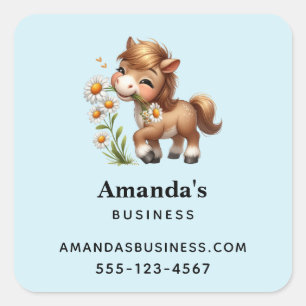 Niedliches Pony Eating Daisies Business Quadratischer Aufkleber