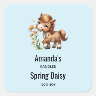 Niedliches Pony Eating Daisies Candle Business Quadratischer Aufkleber