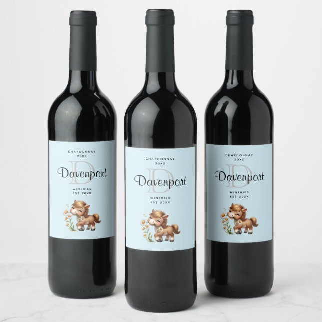 Niedliches Pony Eating Daisies Monogram Wine Makin Weinetikett (Flaschen)