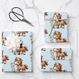 Niedliches Pony Eating Daisies Muster Geschenkpapier Set