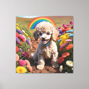 Niedliches Poodle Farbenfrohe Blume und Regenbogen Leinwanddruck
