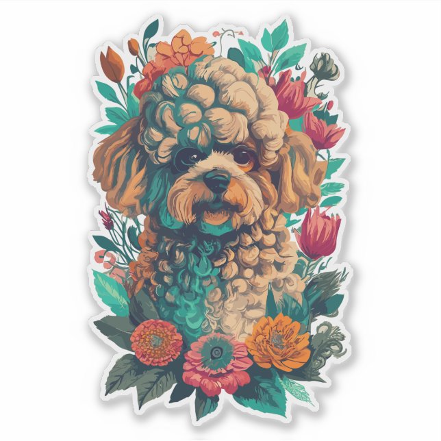 Niedliches Poodle Hund und Blume schneiden Vinyl Aufkleber (Vorderseite)
