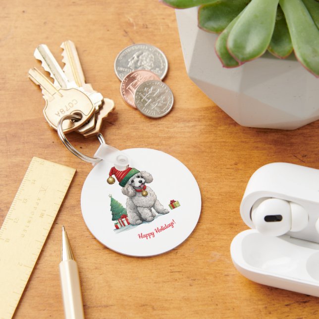 Niedliches Poodle mit Weihnachtshut Schlüsselanhänger (Schreibtisch)