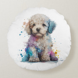 Niedliches Poodle Welpe Wasserfarbe Kunst Rundes Kissen