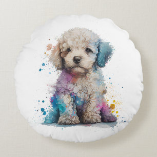 Niedliches Poodle Welpe Wasserfarbe Kunst Rundes Kissen