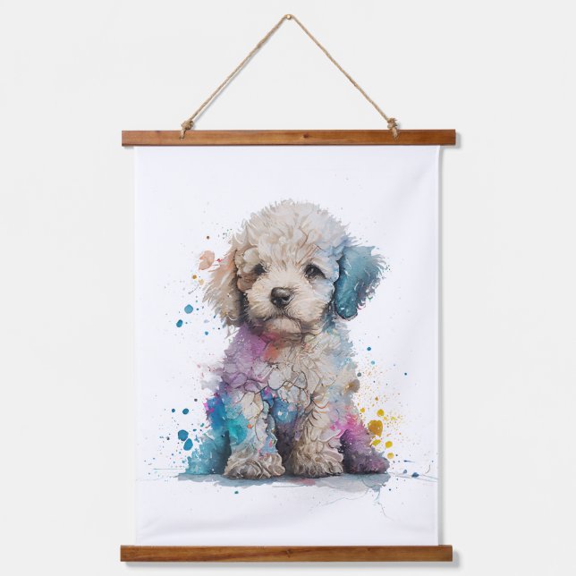 Niedliches Poodle Welpe Wasserfarbe Kunst Wandteppich Mit Holzrahmen (Vorderseite)