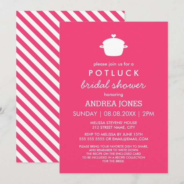 Niedliches Potluck-Brautparty | Hot Pink White Einladung (Vorne/Hinten)