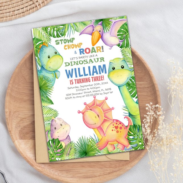 Niedliches prähistorisches Party Thema Kinder Einladung (Green watercolor Dinosaur Birthday Invitations)