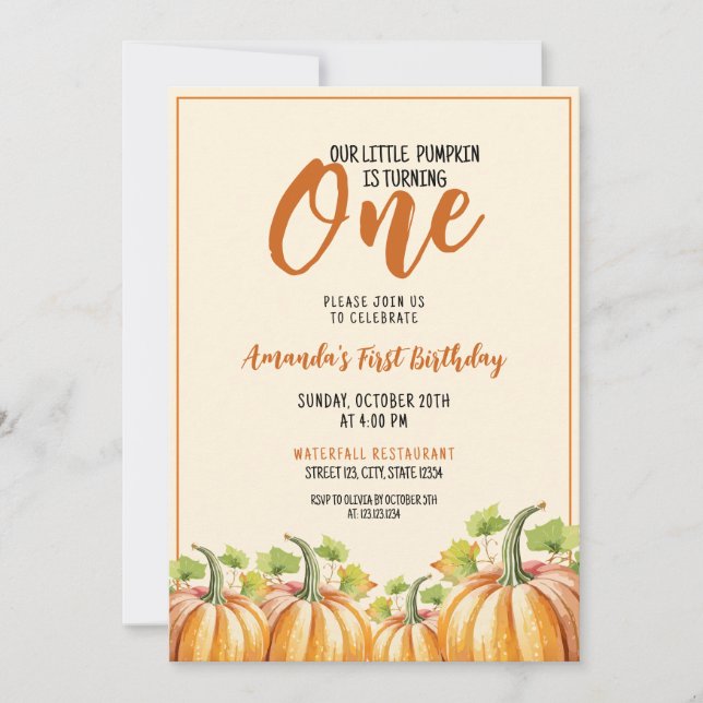 Niedliches Pumpkin Baby 1. Geburtstag Einladung (Vorderseite)