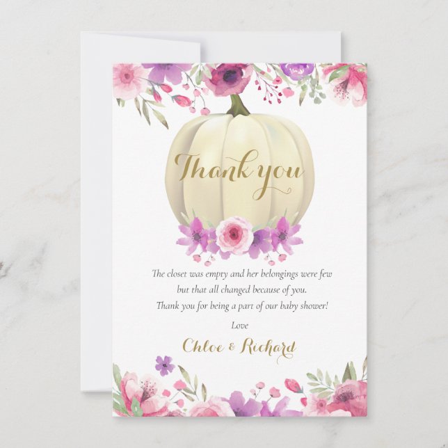 Niedliches Pumpkin Floral Pink Baby Duschgedicht D Dankeskarte (Vorderseite)