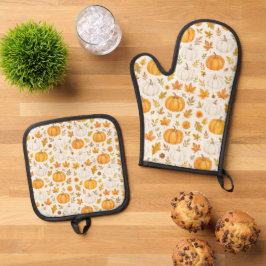 Niedliches Pumpkin-Muster | Erntedank Ofenhandschuh & Topflappen-Set
