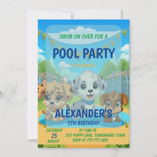 Niedliches Puppy-Pool-Party Personalisiert Geburts Einladung (Vorderseite)