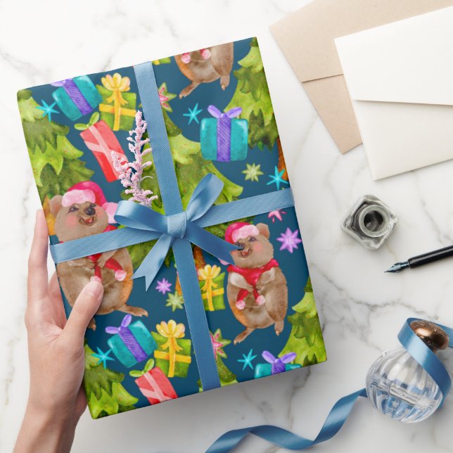 Niedliches Quokka-Blaues Weihnachtswackelpapier Geschenkpapier (Schenken)