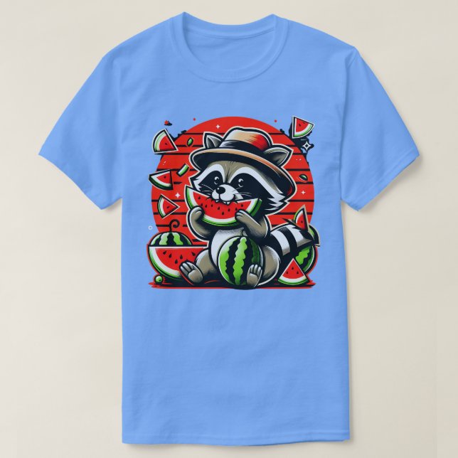 Niedliches Raccoon Eating Watermelon T-Shirt (Design vorne)