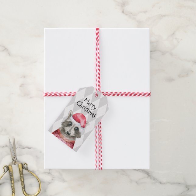 Niedliches Raccoon in der Weihnachtsmannmütze Weih Geschenkanhänger (Mit Garn)