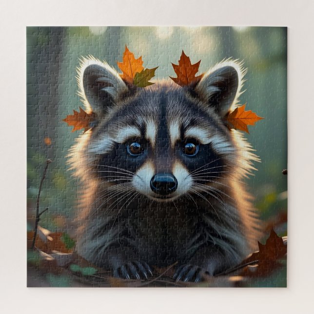 Niedliches Raccoon in Herbstlauben (Vertikal)
