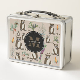 Niedliches Raccoon in Pinienwaldmuster Monogramm Metall Brotdose