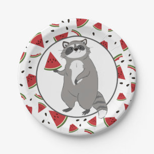 Niedliches Raccoon mit Wassermelonen Stücken Pappteller