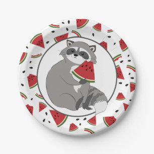 Niedliches Raccoon mit Wassermelonen Stücken Pappteller