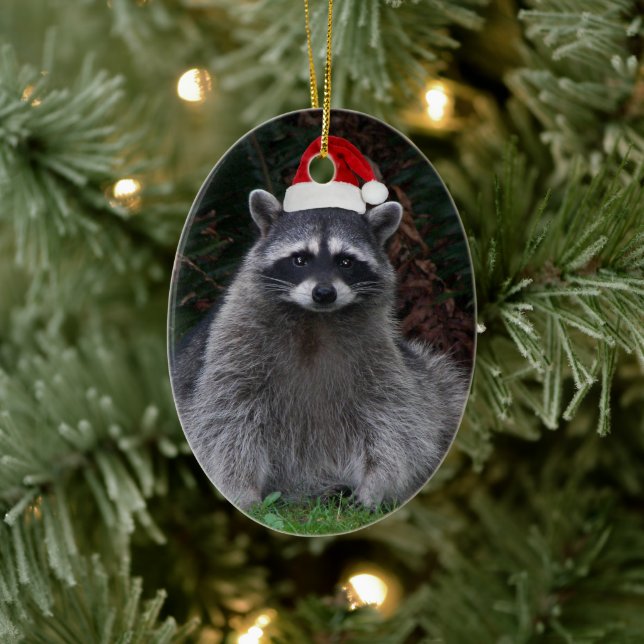 Niedliches Raccoon Rote Weihnachtsmannmütze Urlaub Keramik Ornament (Baum)