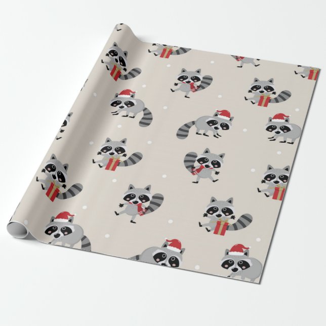 Niedliches Raccoon Weihnachtsmuster Geschenkpapier (Ungerollt)