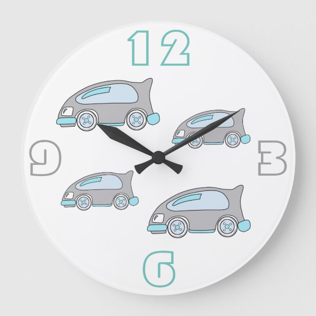 Niedliches Race Car Blue Zeichnend Jungs Kinderzim Große Wanduhr (Vorderseite)