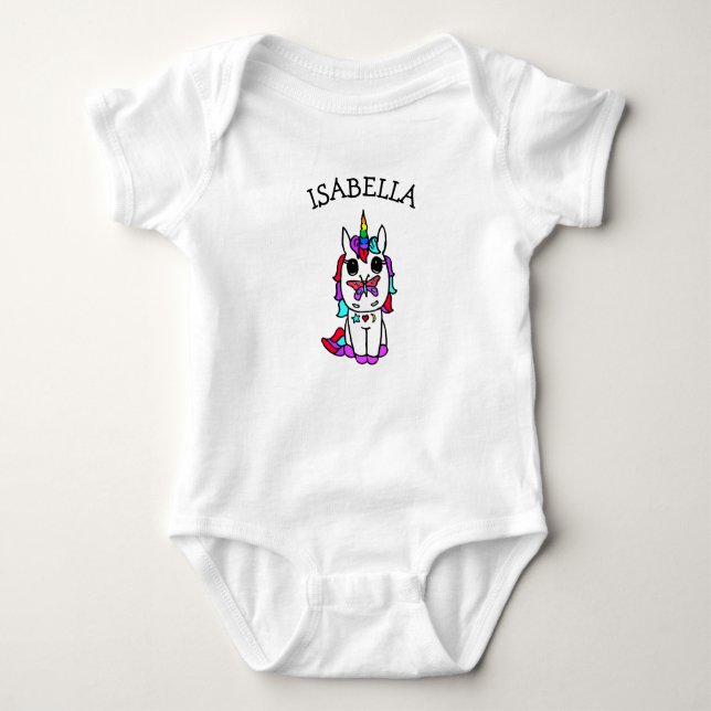 Niedliches Rainbow-Einhorn mit Schmetterling auf N Baby Strampler (Vorderseite)